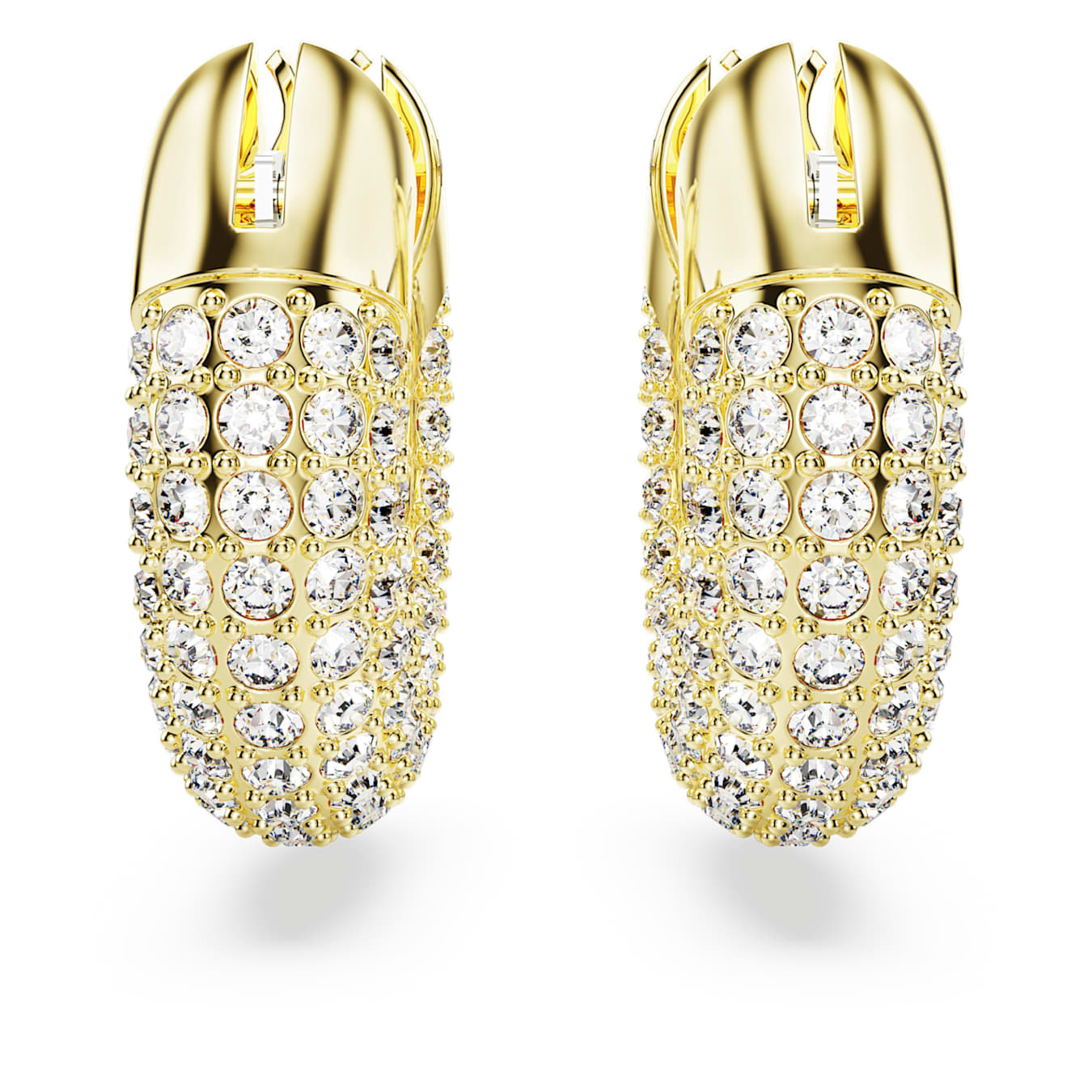 Small Swarovski Dextera hoop earrings with white stones in gold-tone plating, showcasing elegant, sparkling jewelry.