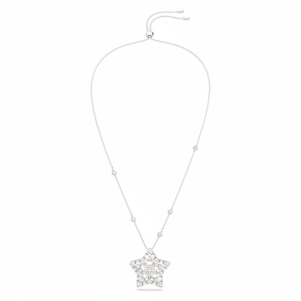 Swarovski Stella Pendant featuring mixed cuts star-shaped white crystal and rhodium-plated chain on a white background