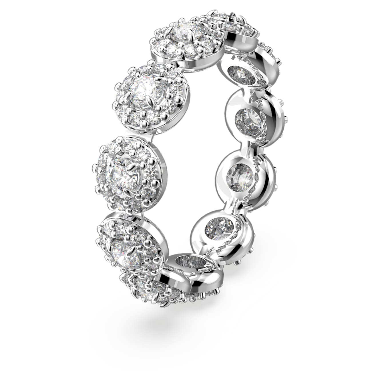 Swarovski Una Angelic ring with round cut white crystal, rhodium plated band, elegant jewelry design.
