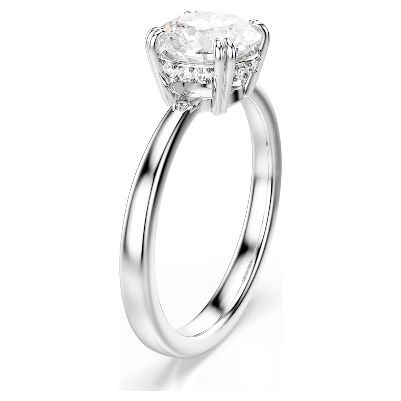 Swarovski Stilla cocktail ring with round-cut white crystal, rhodium-plated band, elegant jewelry accessory.