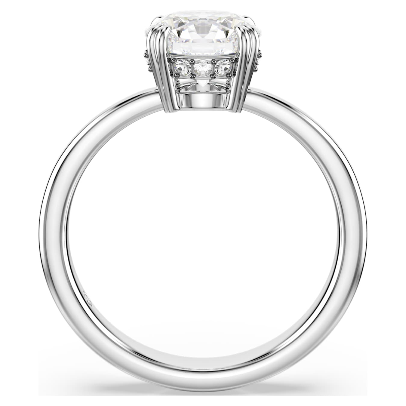 Swarovski Stilla cocktail ring with round white crystal and rhodium-plated band, elegant jewelry accessory.