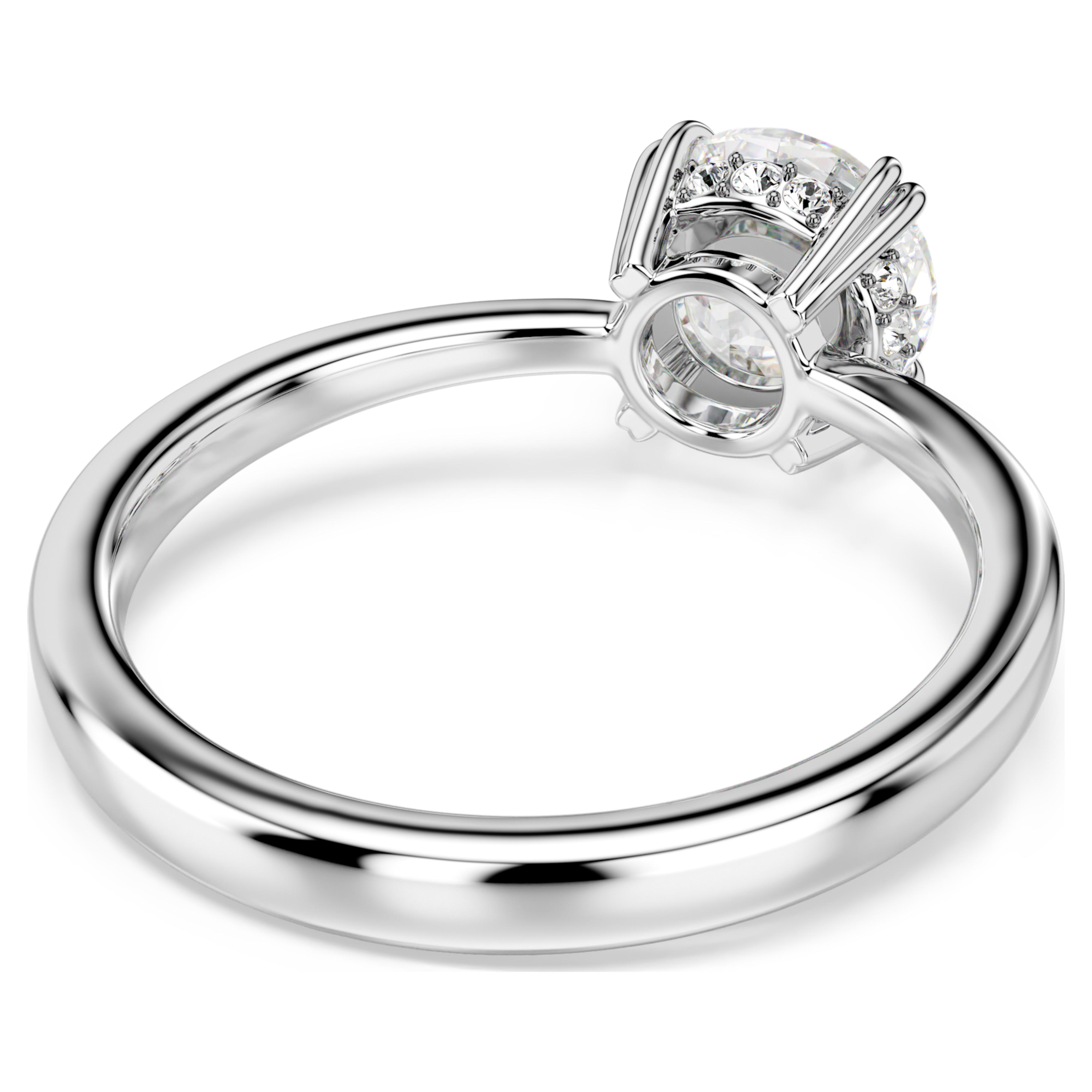 Swarovski Stilla cocktail ring with round-cut white crystal and rhodium plating, showcasing elegant jewelry design.