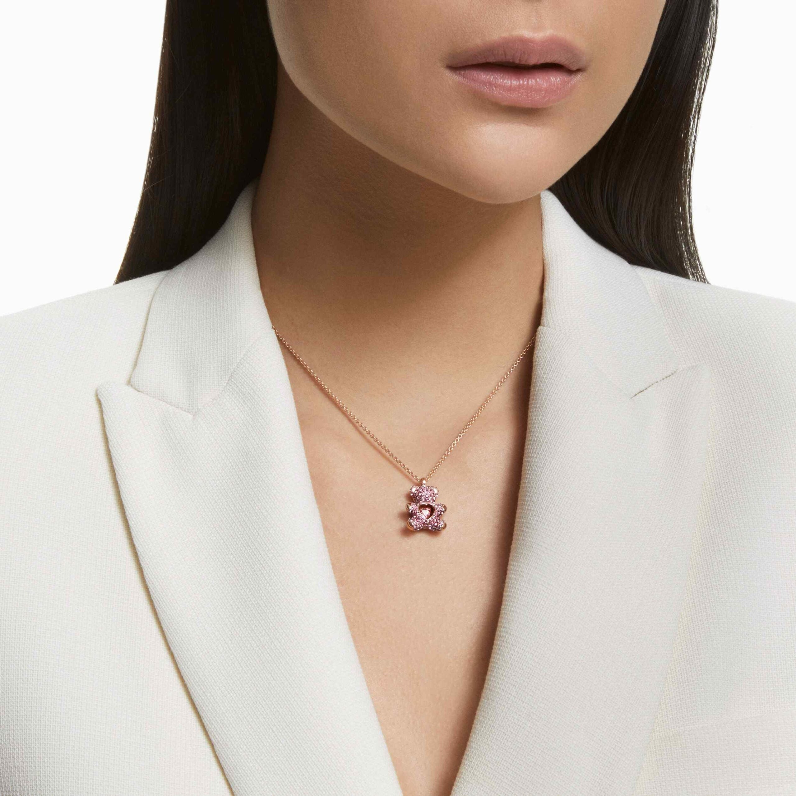 Swarovski Teddy Heart Pendant in rose gold with crystal details, showcasing a cute teddy design on a delicate chain.