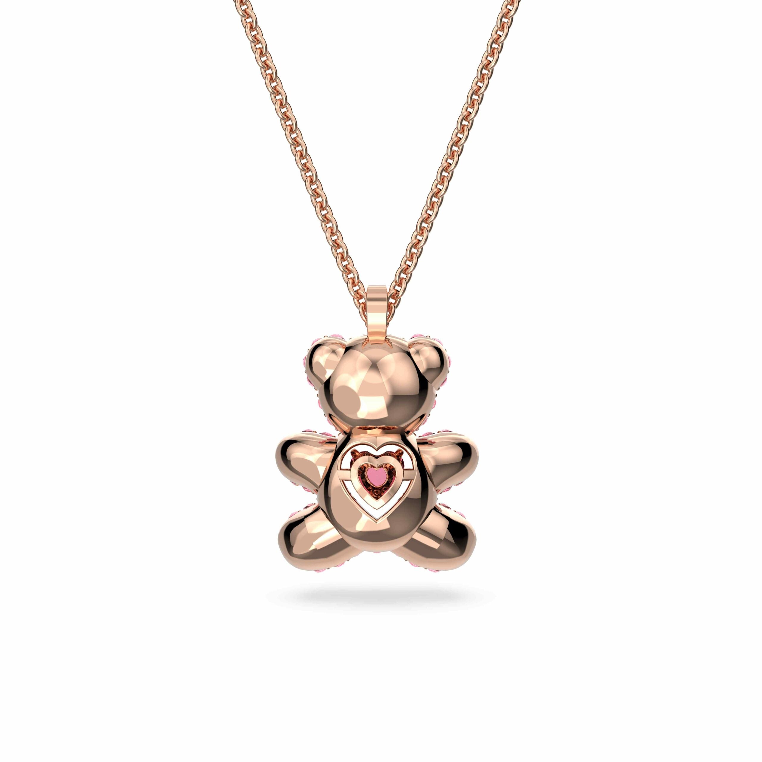 Swarovski Teddy pendant with heart-shaped rose and light rose crystals, featuring detailed craftsmanship and sparkling design.