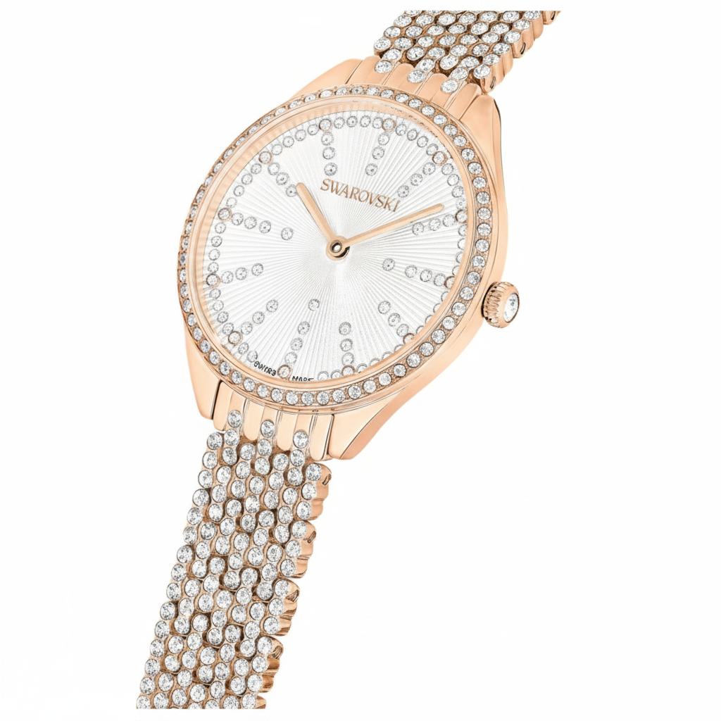 Swarovski Attract Swiss Made watch with rose gold-tone metal bracelet and elegant rose gold finish, showcasing a stylish wrist watch.