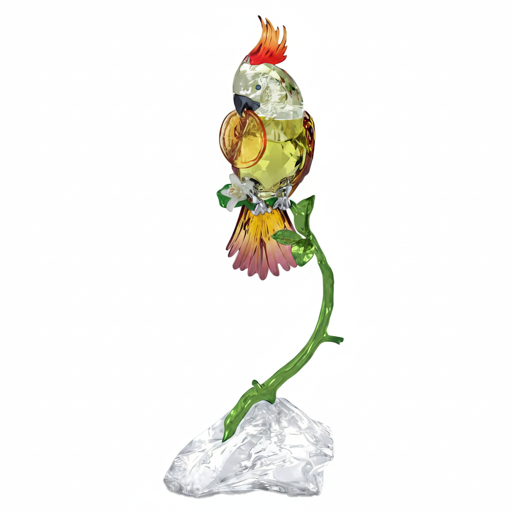 Swarovski Idyllia Cockatoo figurine with clear crystal details and colorful accents, showcasing intricate craftsmanship.