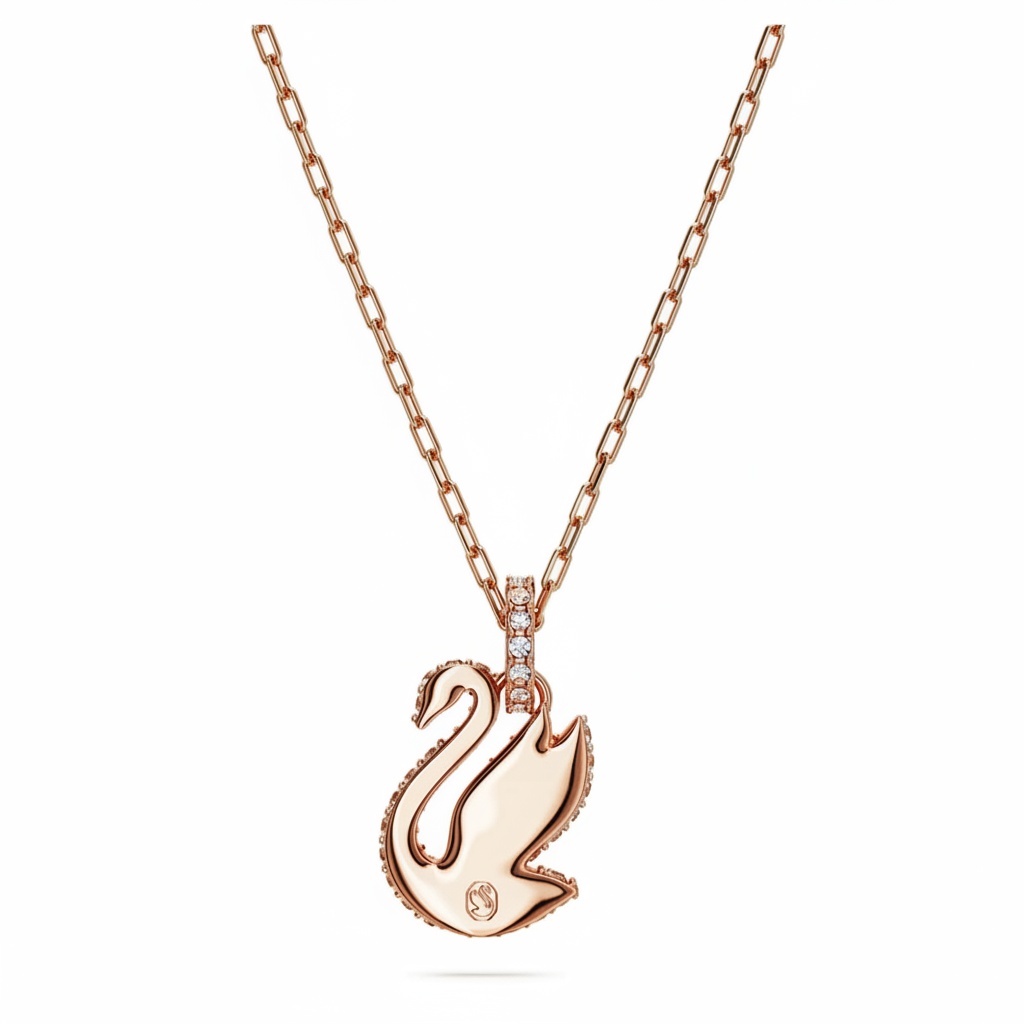 Swarovski small white Swan pendant with rose gold-tone plating, showcasing elegant detailing and a delicate, polished finish.
