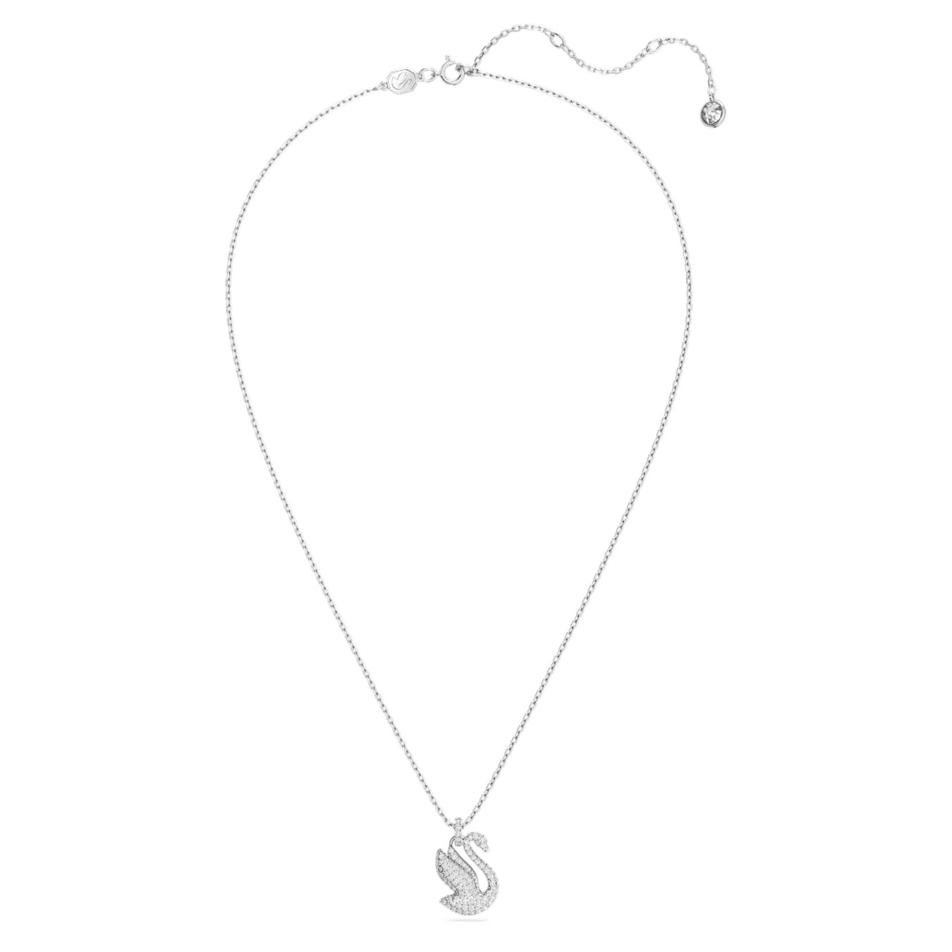 Swarovski Medium White Swan pendant with rhodium plating, featuring sparkling crystal details and elegant design.