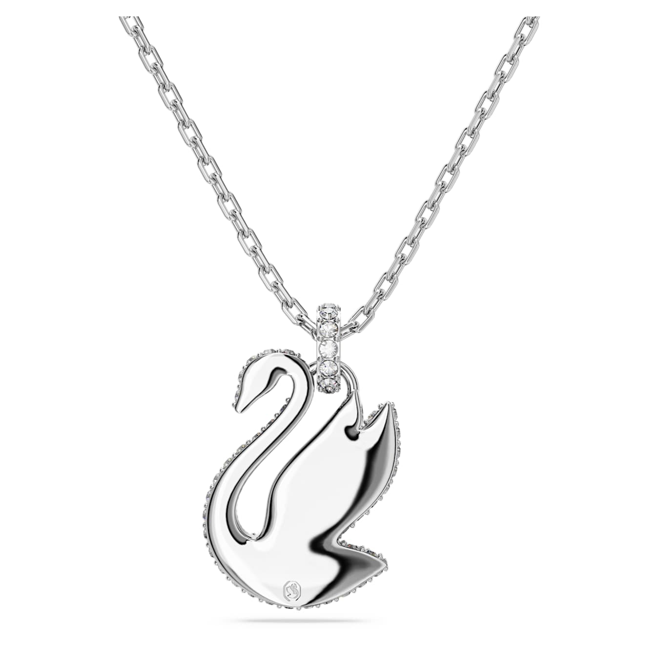 Medium Swarovski Swan pendant in white with rhodium plating, featuring elegant design and sparkling crystal accents.