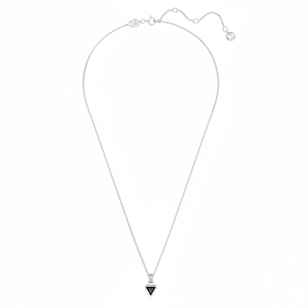 Swarovski Chroma pendant with triangle cut gray crystal, rhodium-plated jewelry piece featuring a modern geometric design.