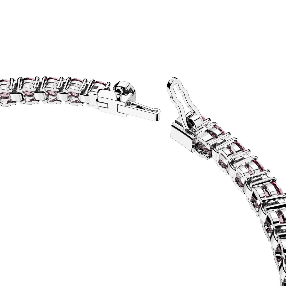 Swarovski Matrix tennis bracelet with round pink crystals and rhodium plating, elegant jewelry accessory.