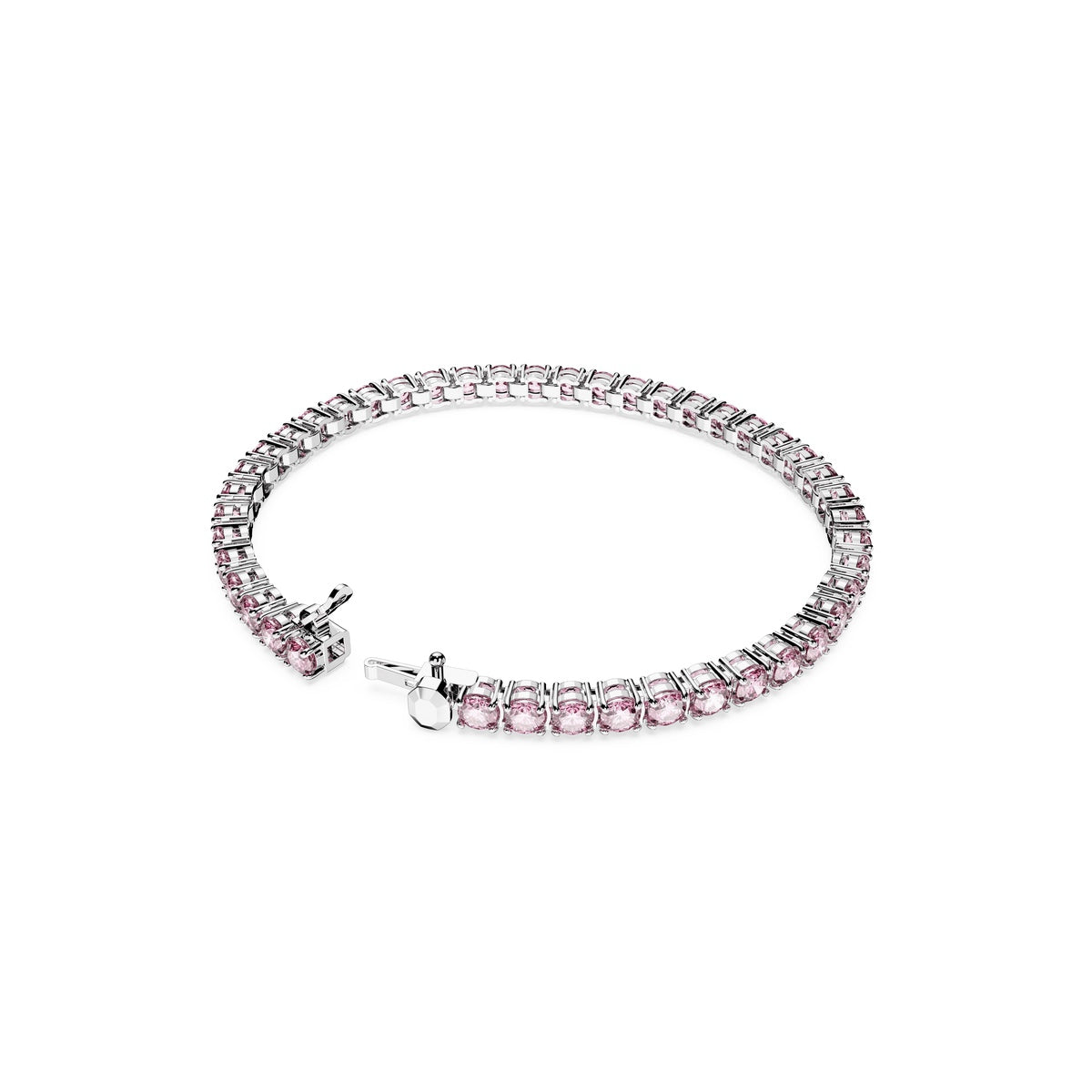 Swarovski Matrix tennis bracelet with round cut pink crystals and rhodium plating, showcasing a elegant and sparkling jewelry piece.