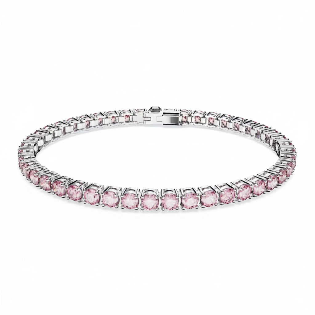 Swarovski Matrix tennis bracelet with round cut pink crystals and rhodium plating, elegant jewelry accessory.