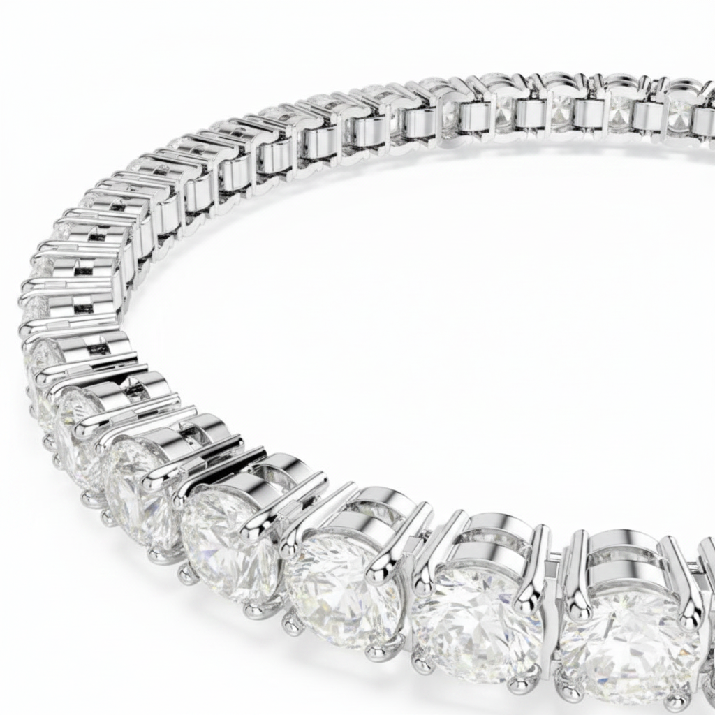 Swarovski Matrix tennis bracelet with round cut white crystals and rhodium plating, elegant jewelry accessory.