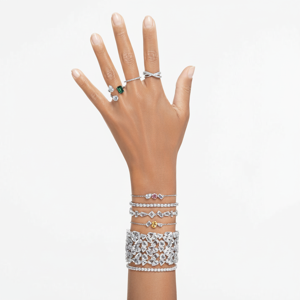 Swarovski Matrix tennis bracelet with round cut white crystals and rhodium-plated setting, elegant jewelry accessory.
