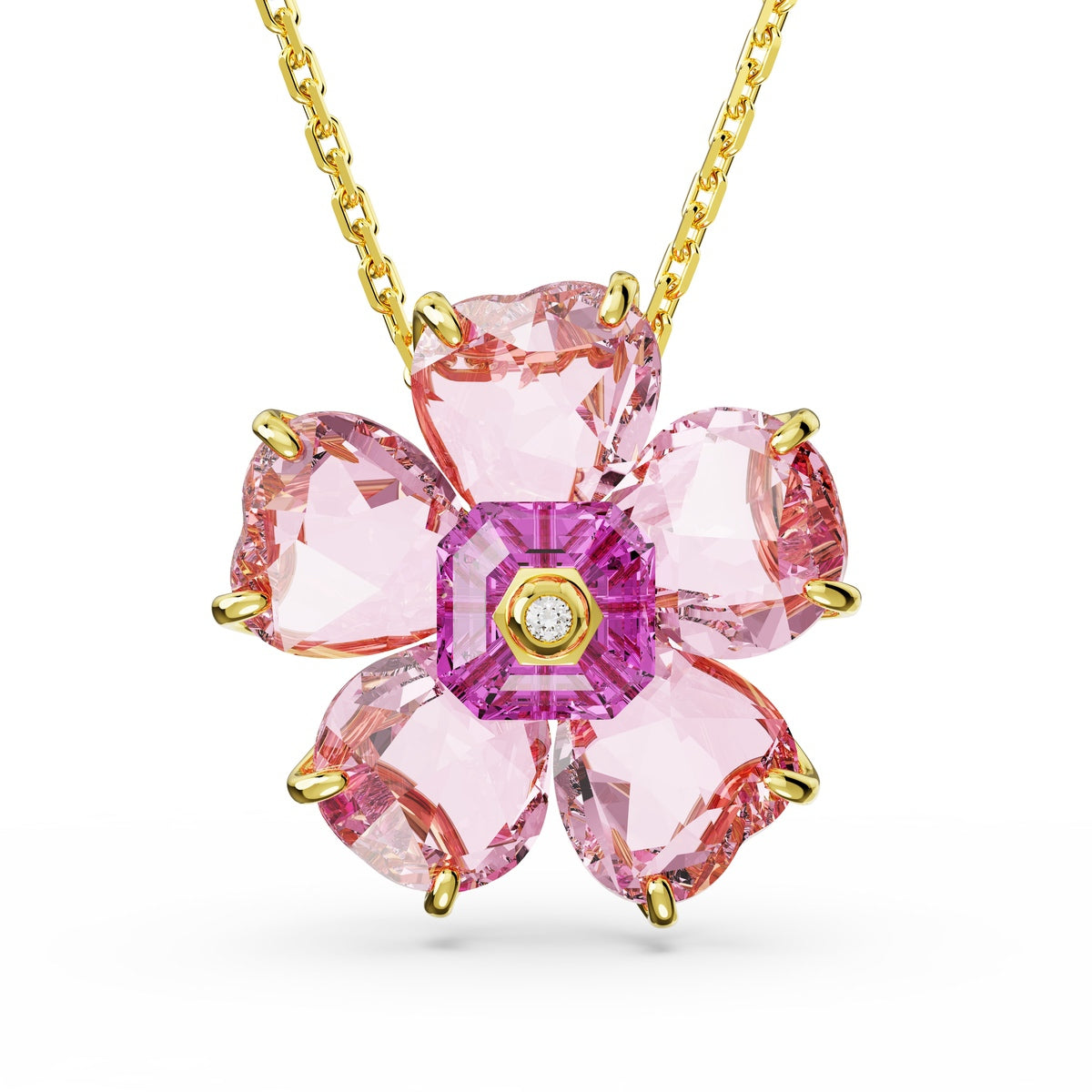Pink Swarovski Idyllia Necklace with flower design, gold-tone plated, elegant jewelry piece with intricate detailing.