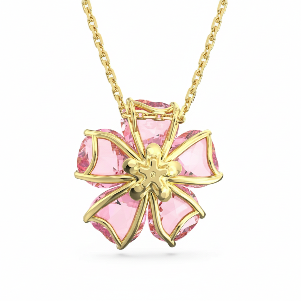 Pink Swarovski Idyllia flower necklace with gold-tone plating featuring intricate floral design and sparkling crystal accents.