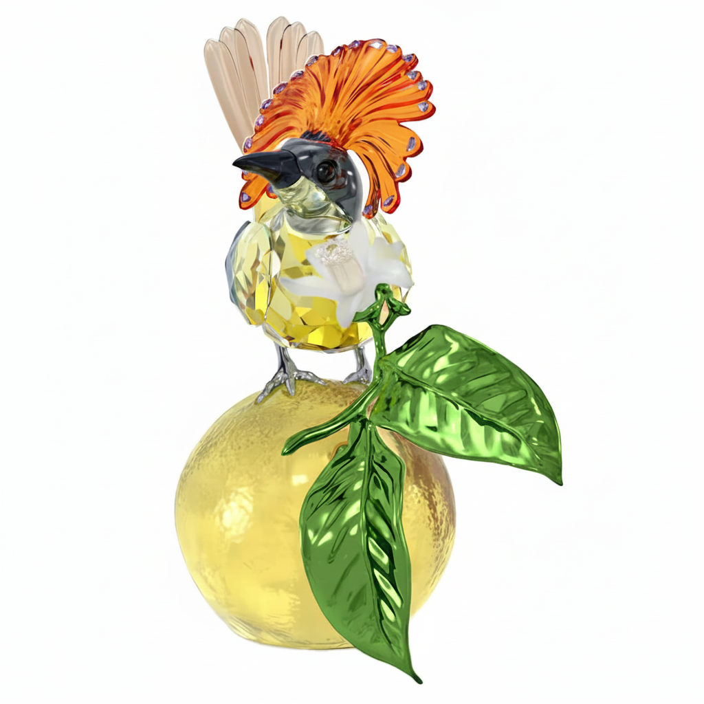 Swarovski Idyllia Royal Flycatcher figurine with detailed crystal craftsmanship and vibrant colors.