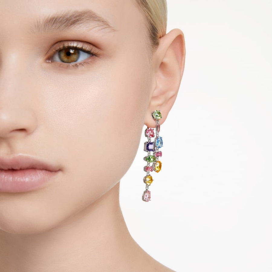 Swarovski Gema Drop Earrings with asymmetrical design, multicolored mixed cuts, long shape, rhodium plated jewelry.