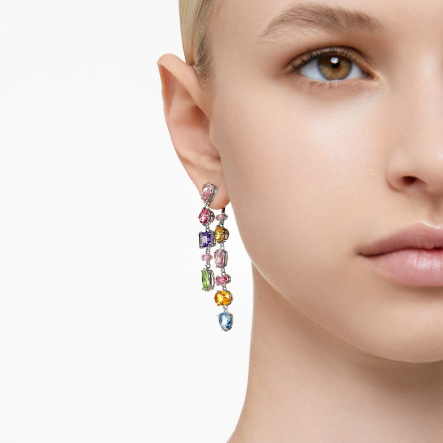 Swarovski Gema Drop Earrings with asymmetrical design, multicoloured crystals, mixed cuts, and rhodium plating.