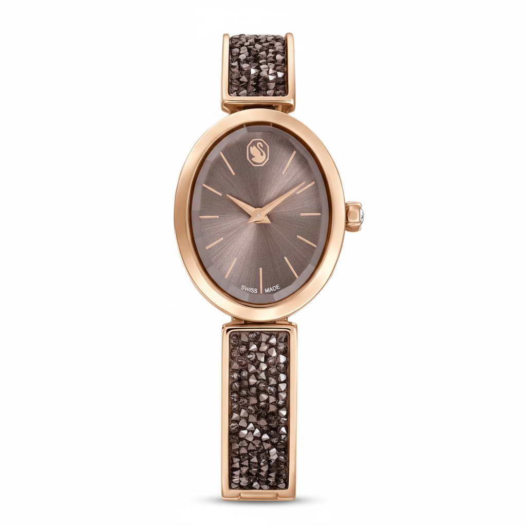 Swarovski Crystal Rock oval Swiss-made watch with gray crystal bracelet and rose gold-tone finish.