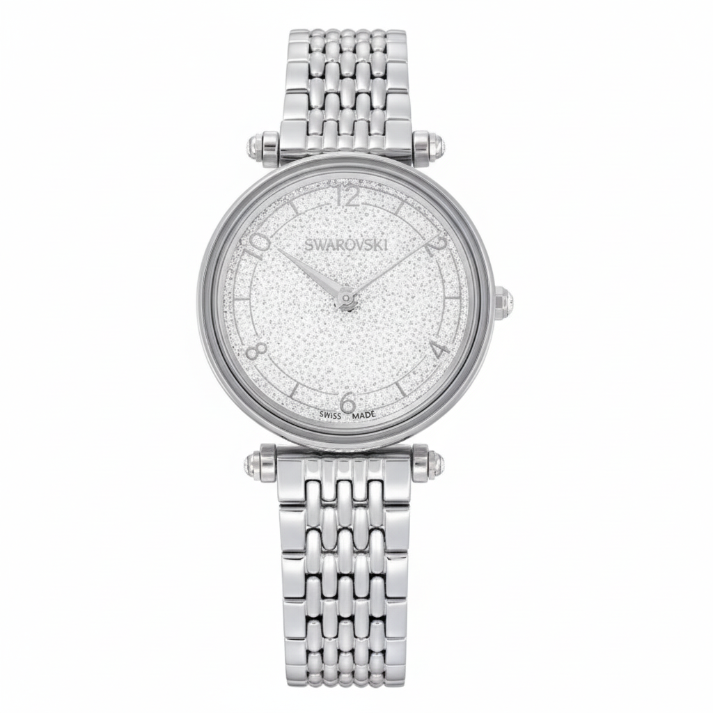 Swarovski Crystalline Wonder Swiss Made watch with silver-tone stainless steel metal bracelet and intricate crystal details.