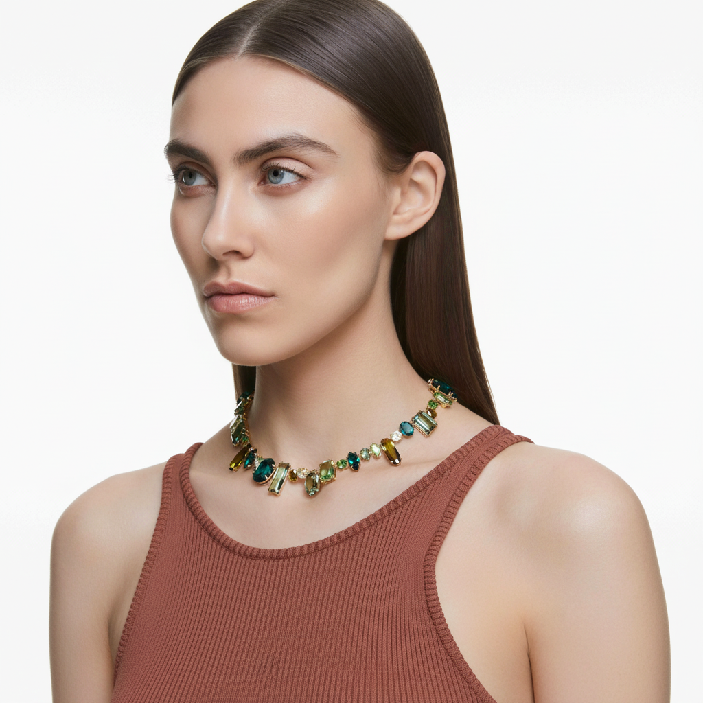 Swarovski Gema necklace with green mixed-cut crystals and gold-tone plated chain, elegant jewelry by Bohemia Crystal