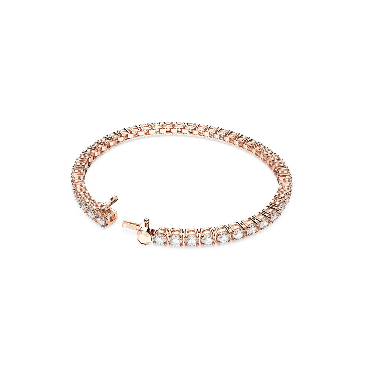 Swarovski Matrix tennis bracelet with round cut white crystals and rose gold-tone plating, elegant jewelry accessory.