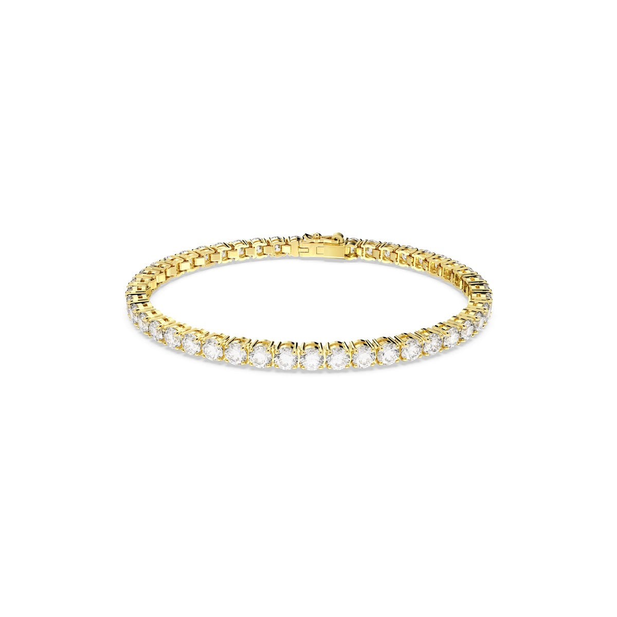 Swarovski Matrix tennis bracelet with round white crystals and gold-tone plating, elegant jewelry accessory.