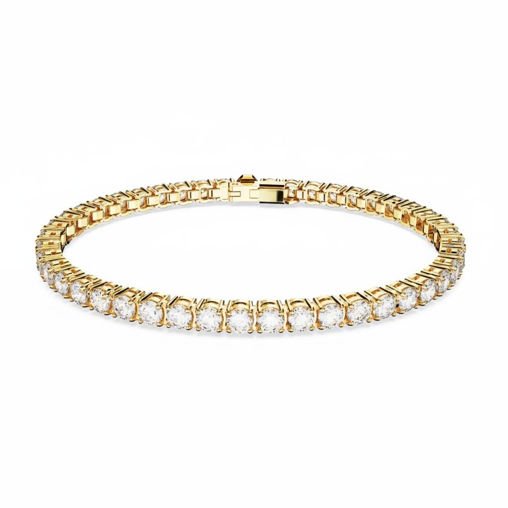 Swarovski Matrix tennis bracelet with round cut white crystals and gold-tone plating, elegant jewelry accessory.