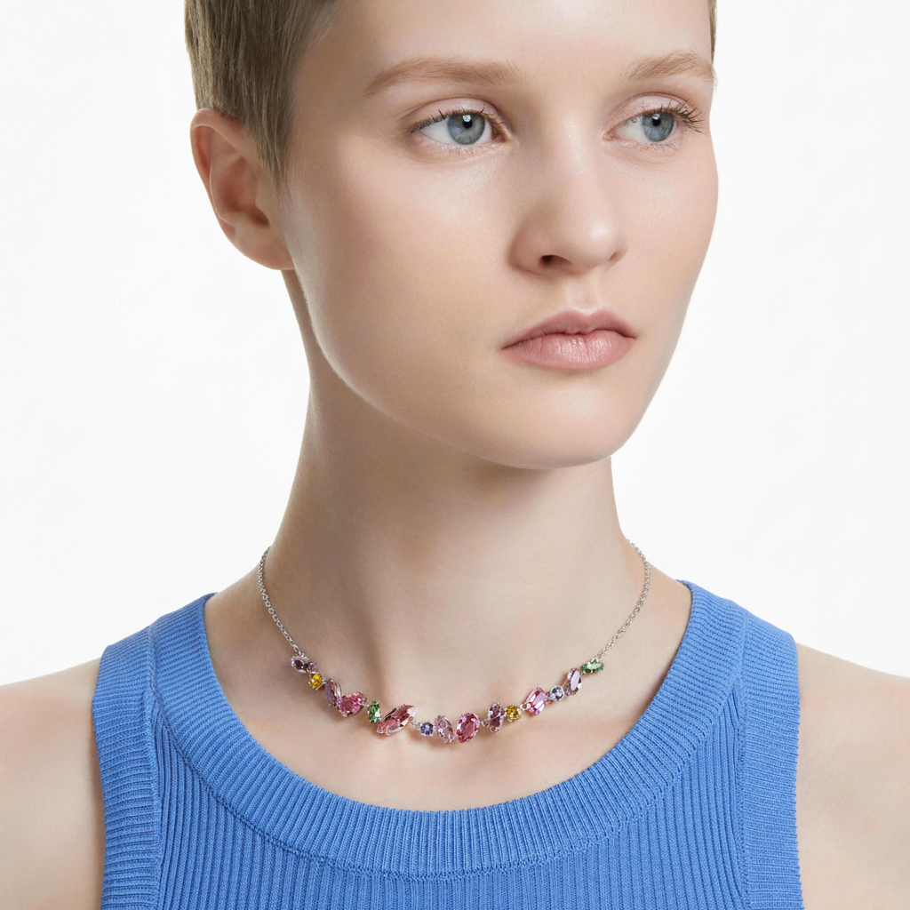 Swarovski Gema necklace with multicolored mixed cut crystals and rhodium plating, showcasing a sparkling, elegant jewelry design.