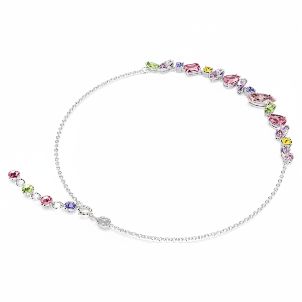 Swarovski Gema necklace with multicoloured mixed cut crystals and rhodium plating, showcasing a sparkling jewelry piece.