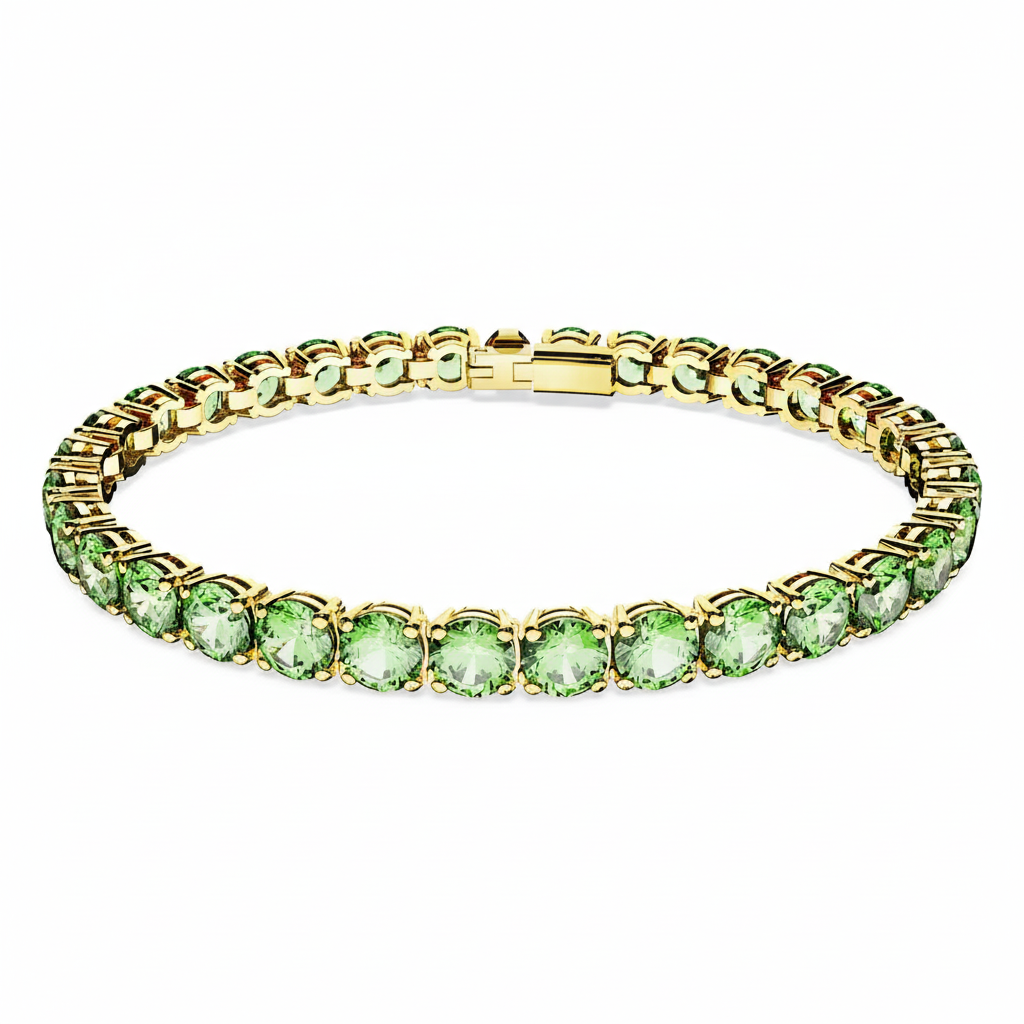 Swarovski Matrix tennis bracelet with round-cut crystals, elegant jewelry piece showcasing sparkling, faceted gemstone design.