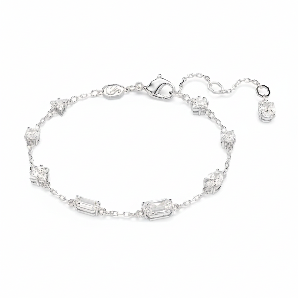 Swarovski Mesmera bracelet with mixed cut crystals in a scattered design, white rhodium plated, elegant jewelry accessory.