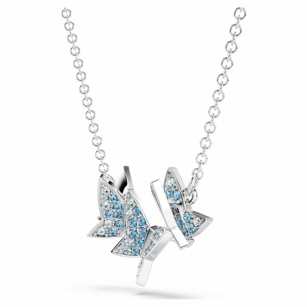 Swarovski Idyllia Lilia butterfly necklace in blue with rhodium plating, featuring elegant butterfly pendant and sparkling crystals.