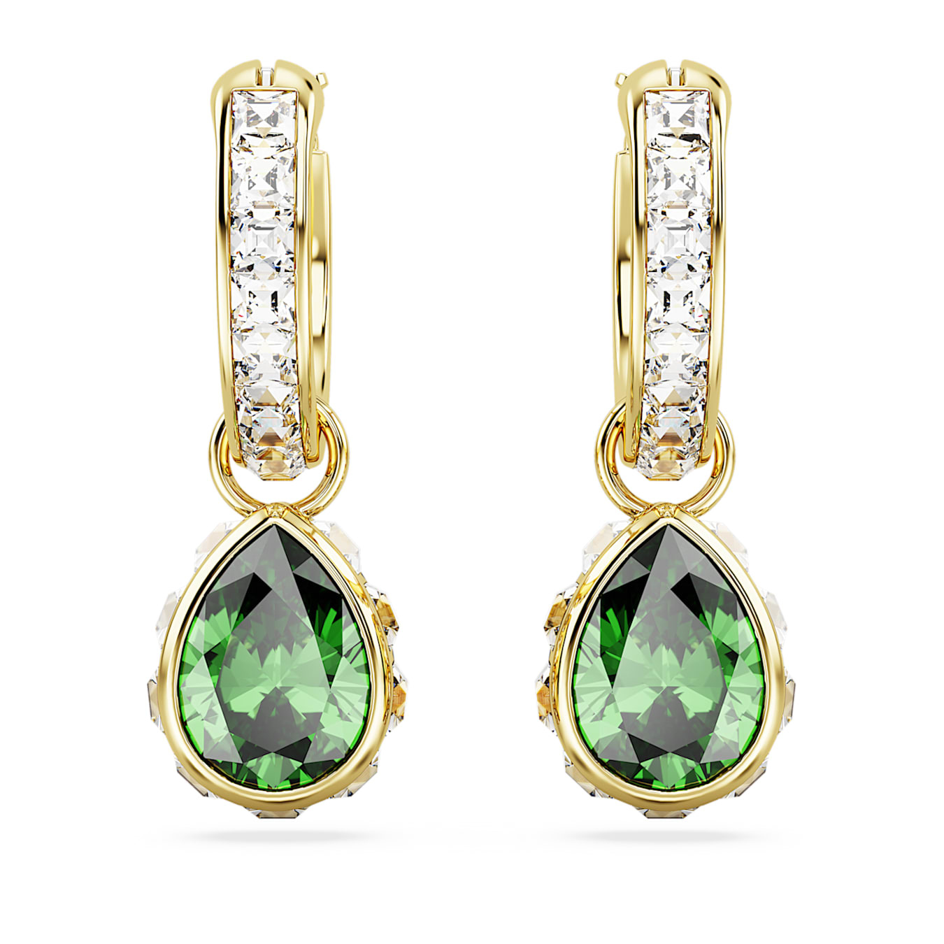 Swarovski Stilla Drop Earrings with pear-shaped green crystals and gold-tone plated setting.
