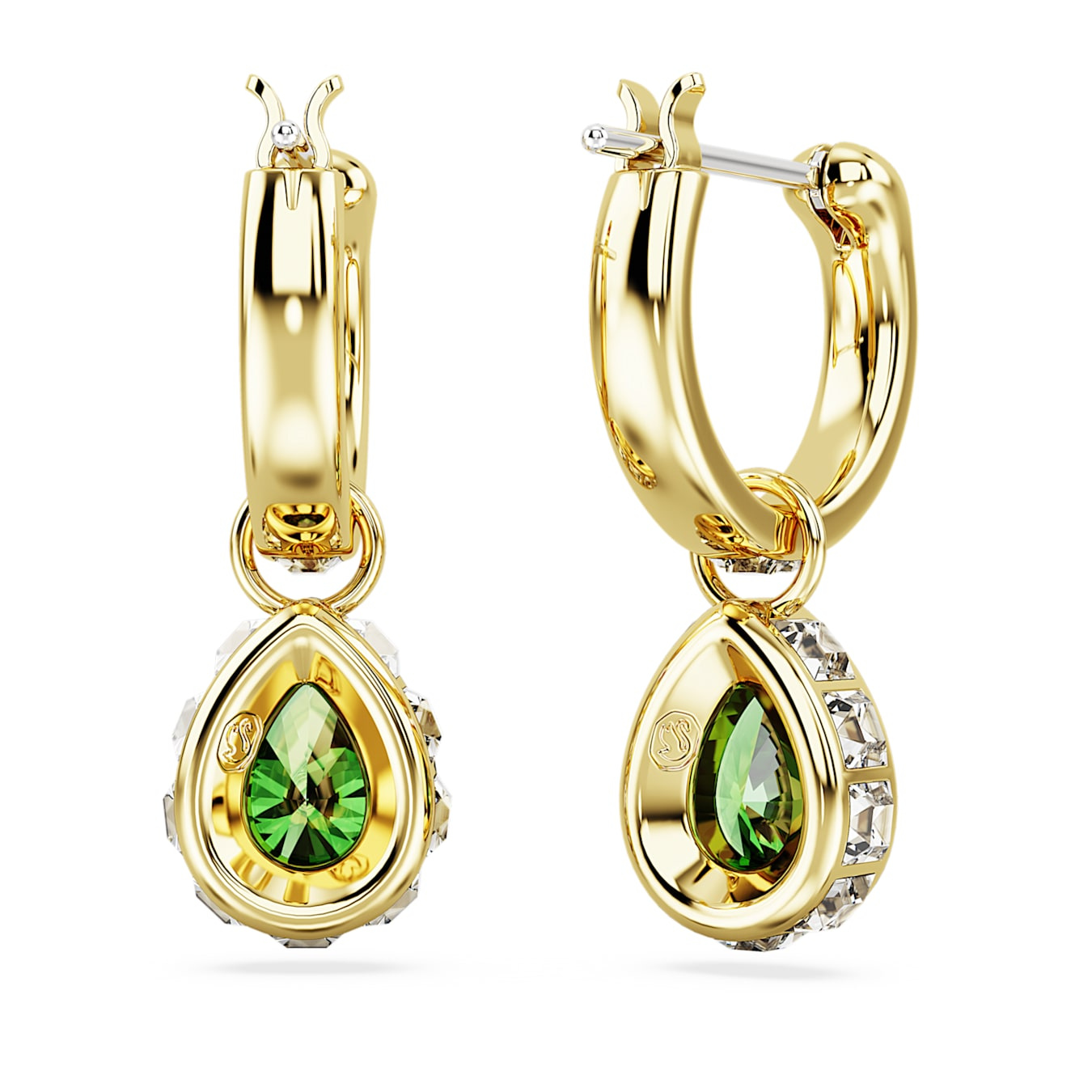 Swarovski Stilla Drop Earrings with pear-shaped green crystals and gold-tone plated setting, elegant jewelry accessory