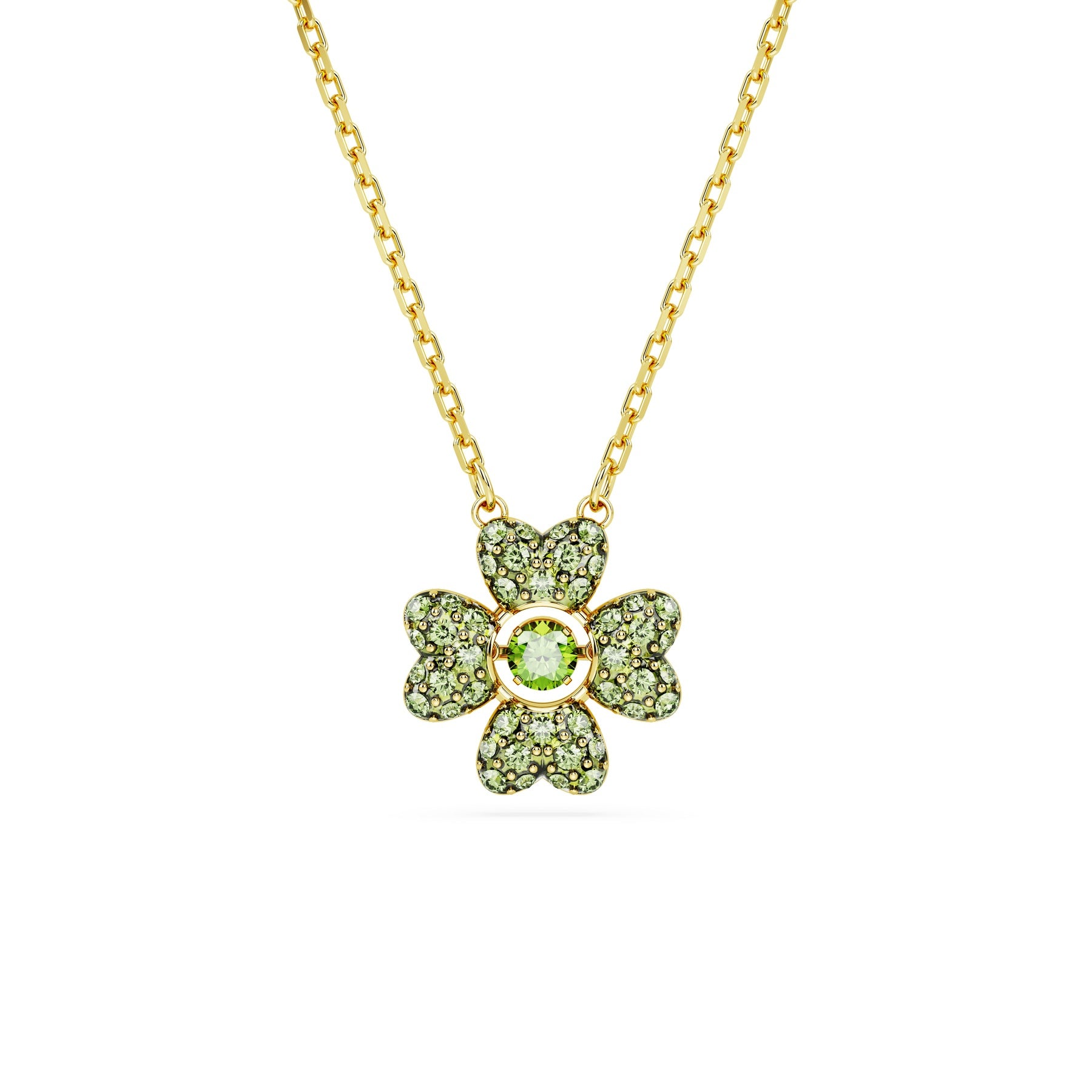 Swarovski Idyllia pendant featuring a green clover design with gold-tone plating, sparkling crystal accents, and delicate chain.