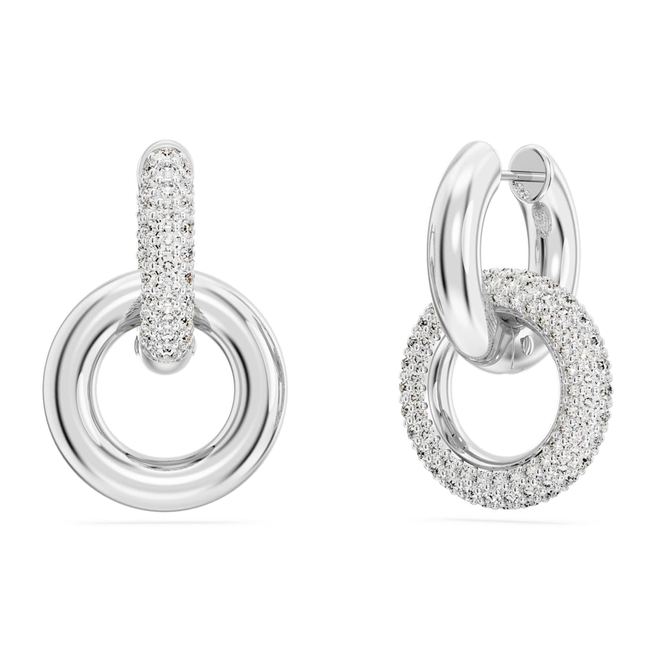 Swarovski Dextera hoop earrings with asymmetrical interlocking loops in white rhodium plating, showcasing elegant design.