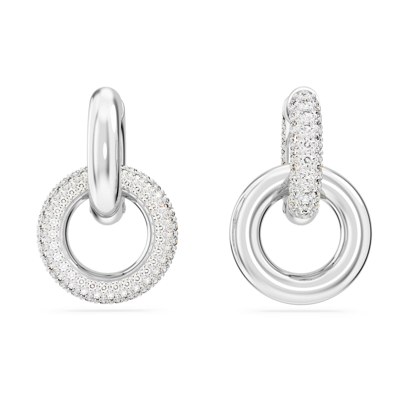 Swarovski Dextera hoop earrings with asymmetrical interlocking loops, white crystals, rhodium plating, stylish and elegant jewelry