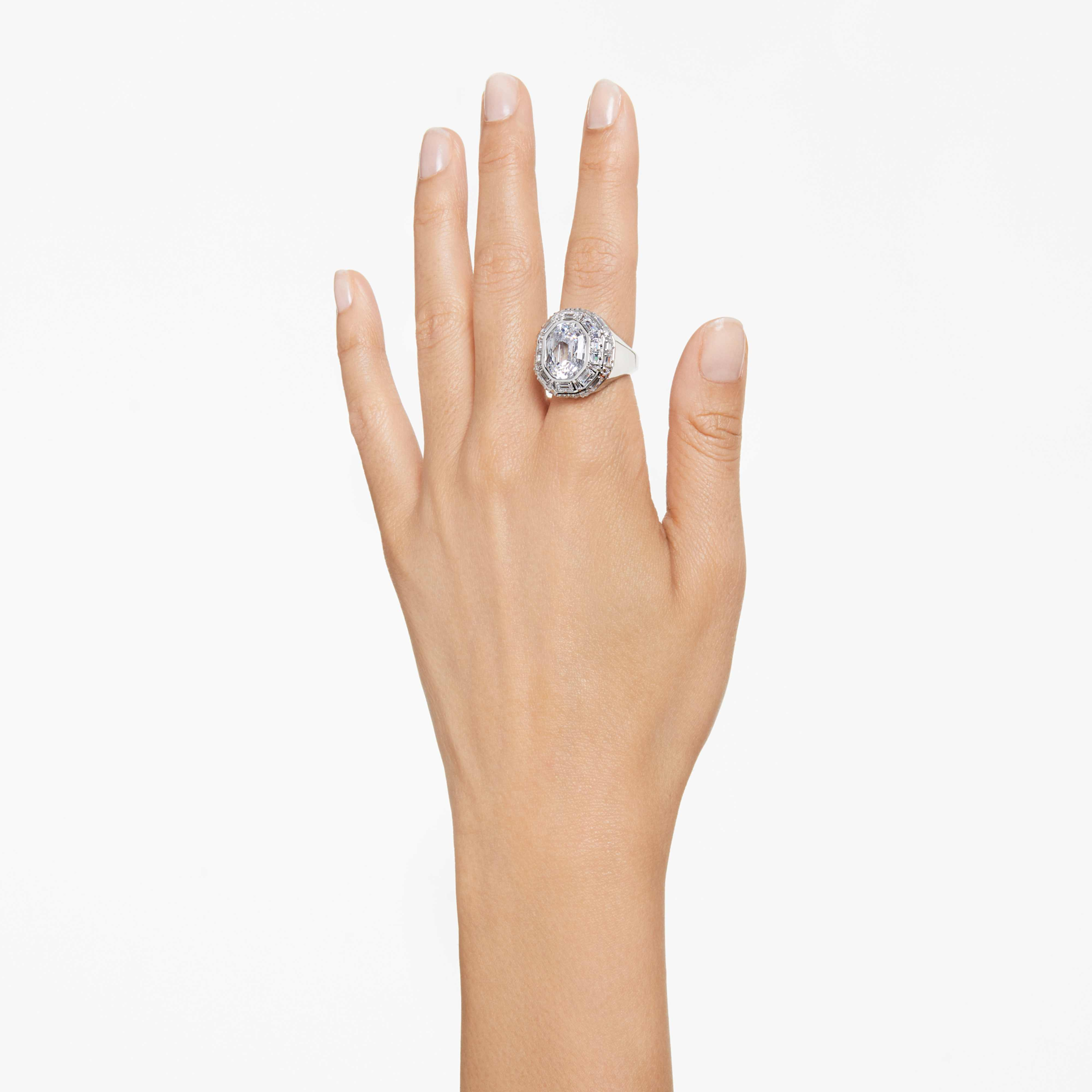 Swarovski Mesmera cocktail ring with octagon-shaped white crystal, rhodium-plated band, elegant jewelry accessory.