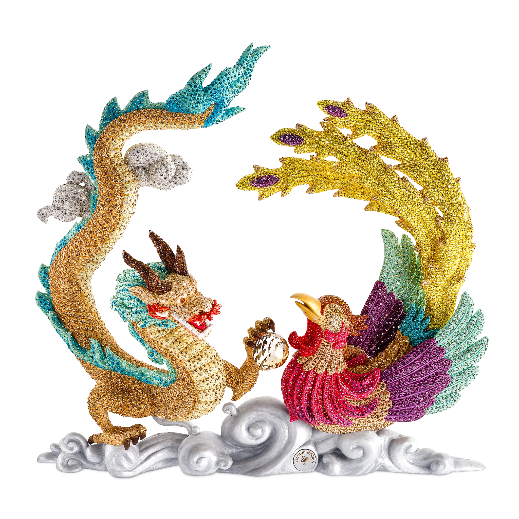 Swarovski Limited Edition Crystal Myriad Dragon and Phoenix figurine, detailed crystal sculpture showcasing mythical creatures.