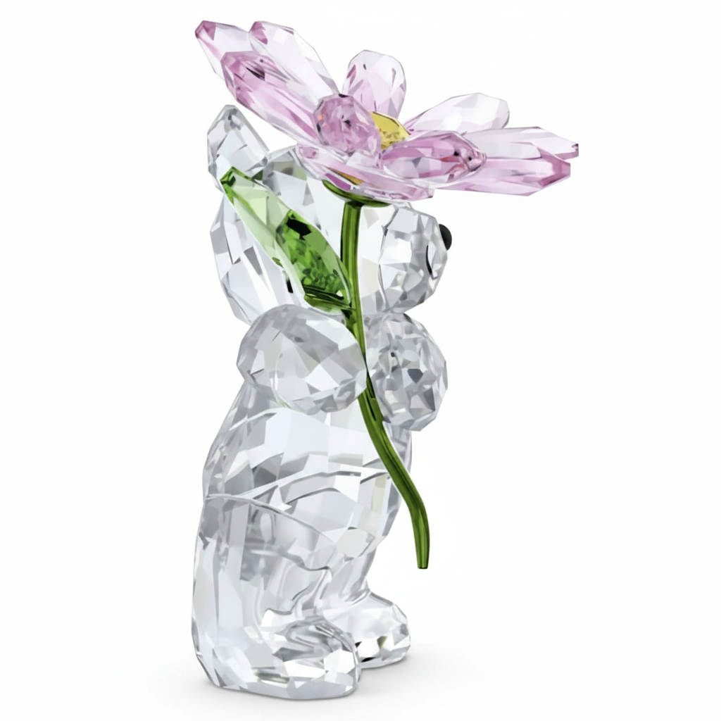 Swarovski Kris Bear holding a daisy flower, detailed crystal figurine with a cute and charming design.