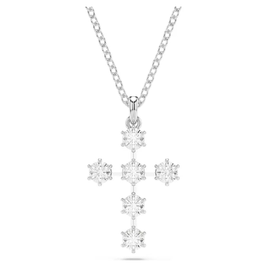 Swarovski Insigne Pendant featuring a round cut cross design with white rhodium plating and sparkling crystal accents.