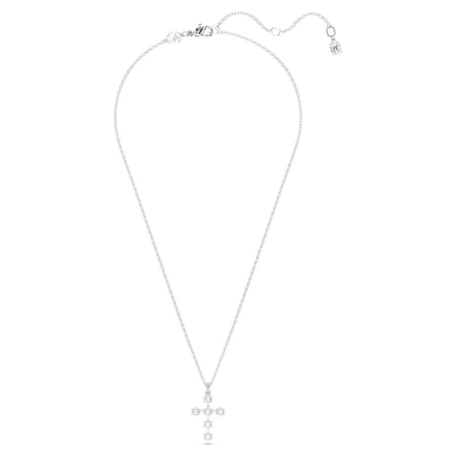 Swarovski Insigne Pendant with round cut cross design, white rhodium plating, and detailed craftsmanship in a close-up image.