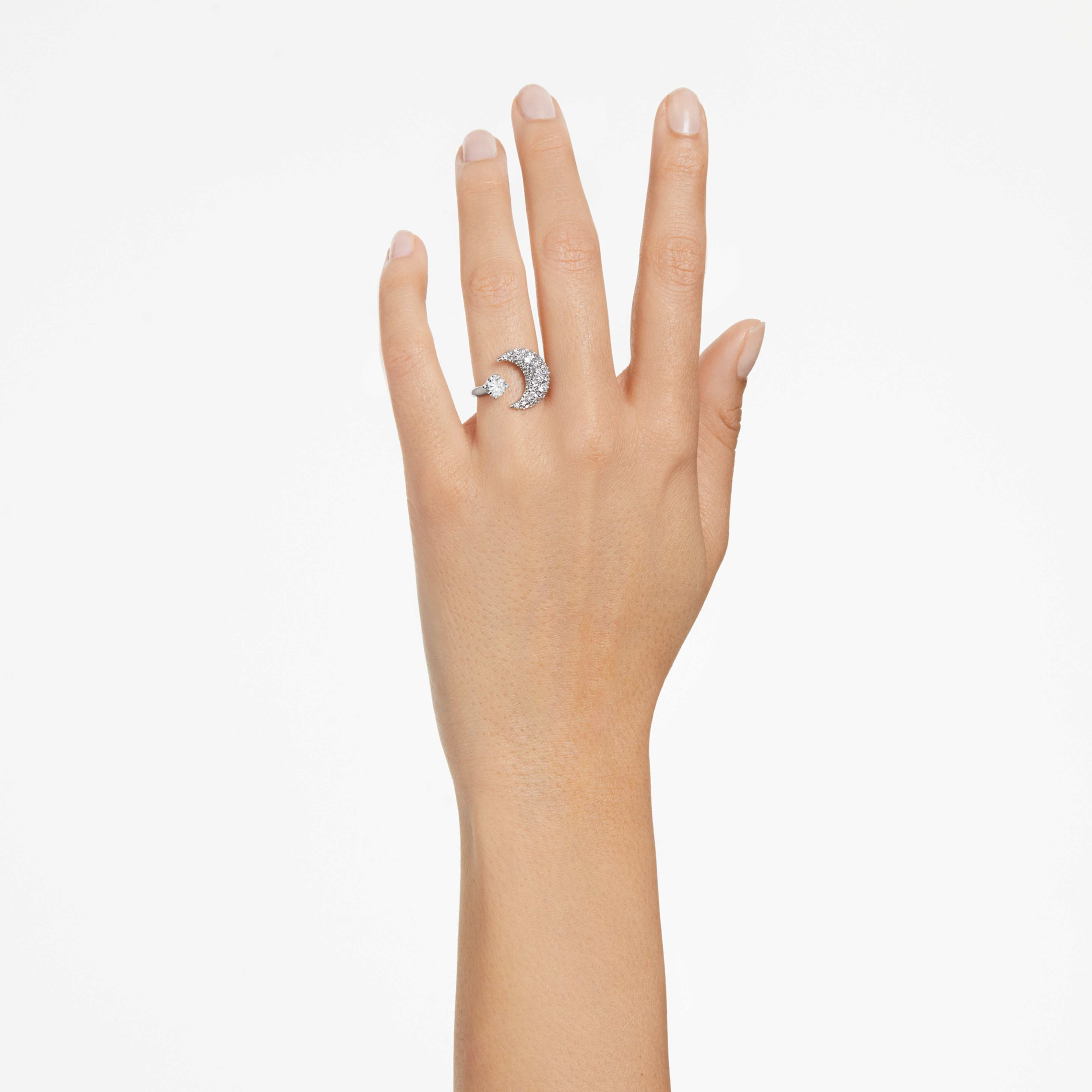 Swarovski Luna open ring with moon design, white crystal accents, rhodium-plated band, elegant jewelry piece.