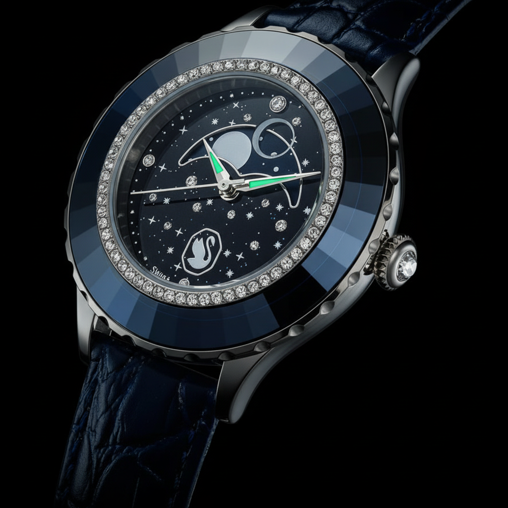 Swarovski Octea Moon Swiss Made watch with blue leather strap and moon dial design, featuring a sleek and elegant timepiece.