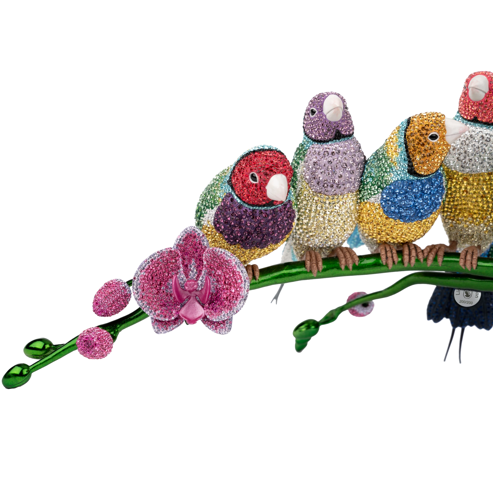 Swarovski Crystal Myriad Gouldian Finches limited edition figurine displaying colorful finches in detailed crystal craftsmanship.