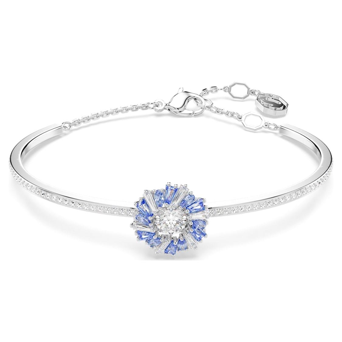 Swarovski Idyllia blue flower bangle with rhodium plating, featuring intricate floral design and sparkling crystal accents.