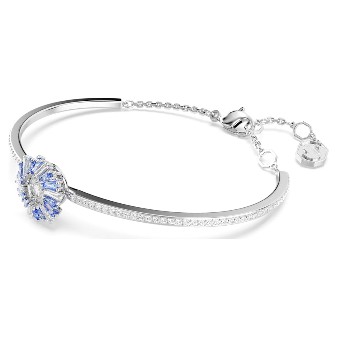 Swarovski Idyllia Bangle featuring blue crystal flowers and rhodium-plated finish, elegant jewelry accessory.